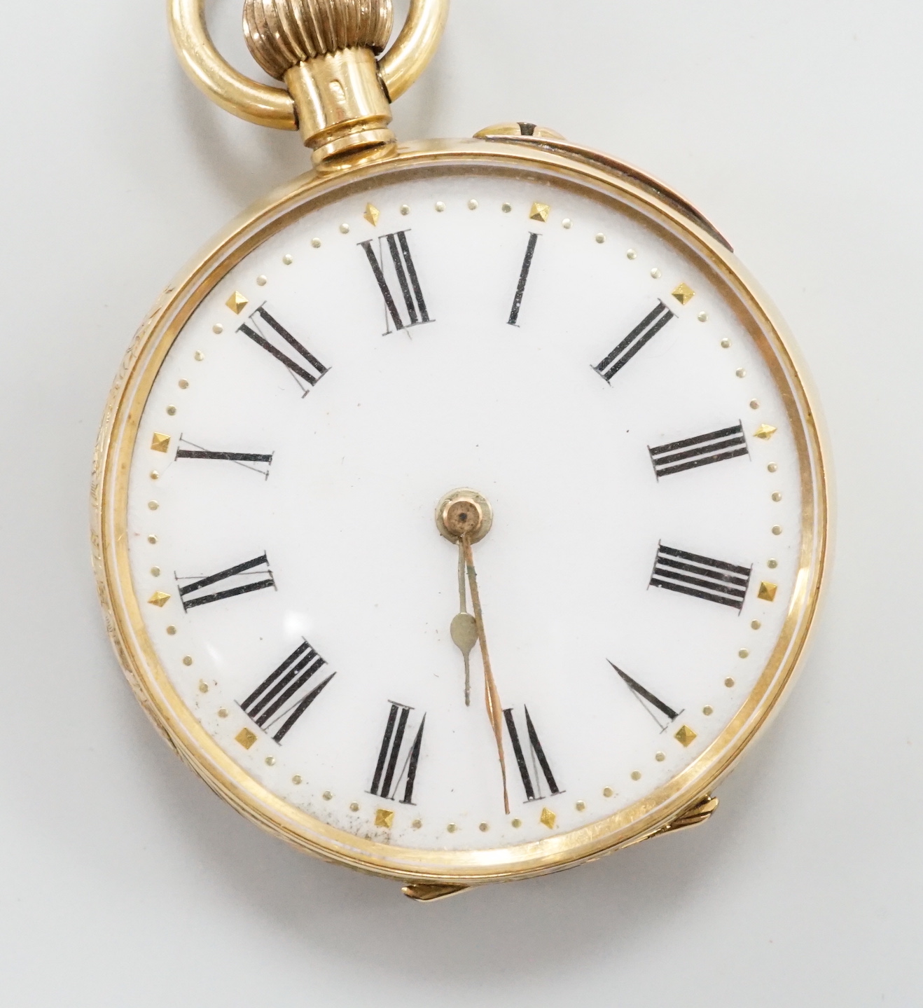 An engraved 18k open faced keyless fob watch, with Roman dial, case diameter 36mm